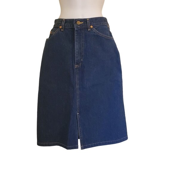 Vintage Lee 5 Blue Jean Denim Skirt Front Slit High Waist Modest A Line Yellowst - Picture 1 of 3